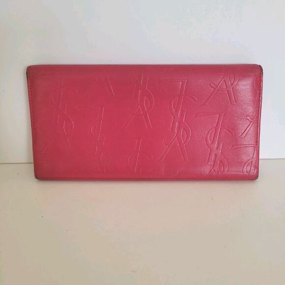 Yves Saint Laurent YSL Vintage Long Large Leather Wallet Pink Logo - Picture 2 of 15